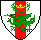 Argent, a pale gules, overall a dragon passant vert, in chief an
ancient crown Or within a laurel wreath proper